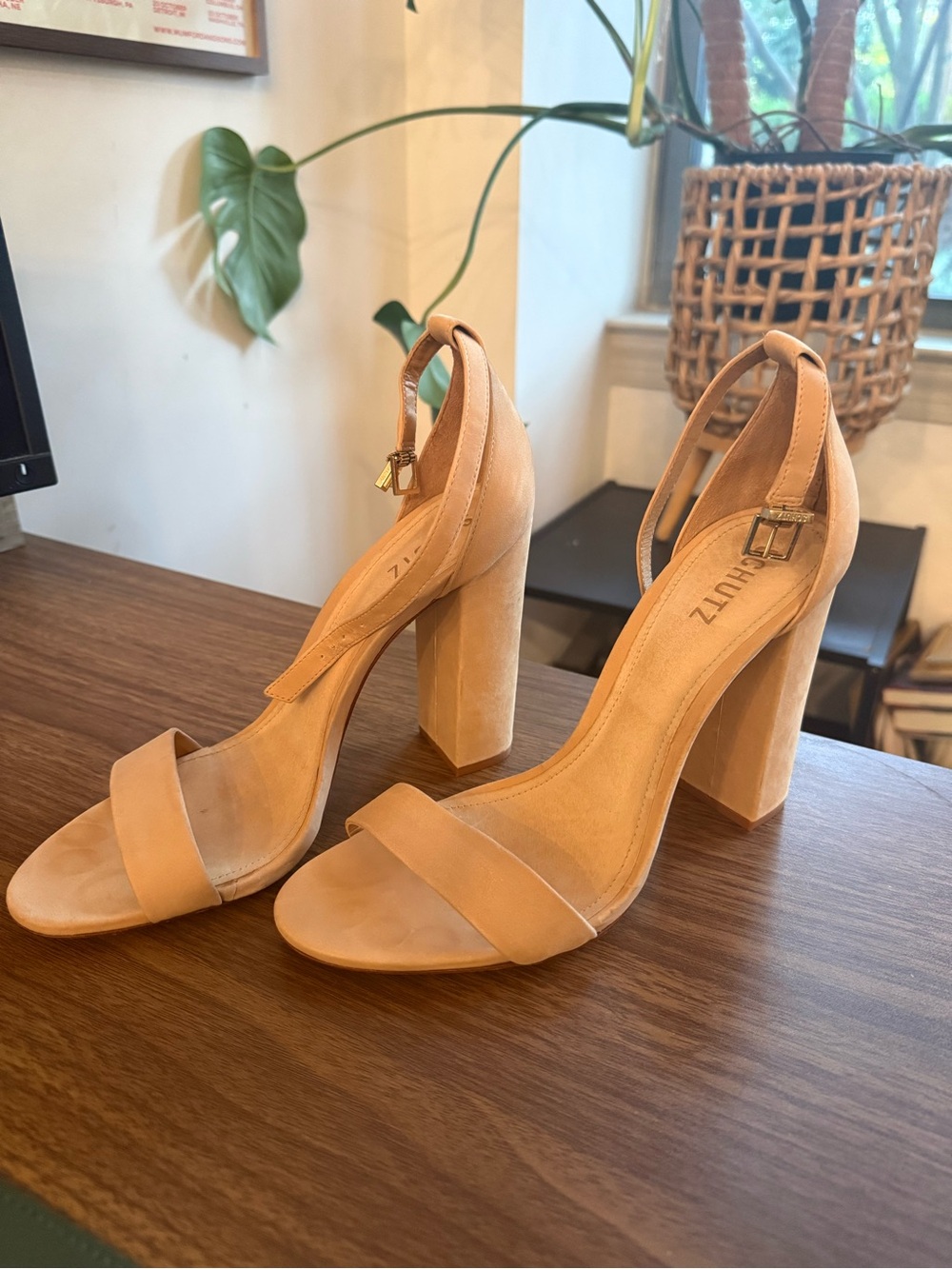 SCHUTZ Enida Block Heel Sandals in Taupe Suede